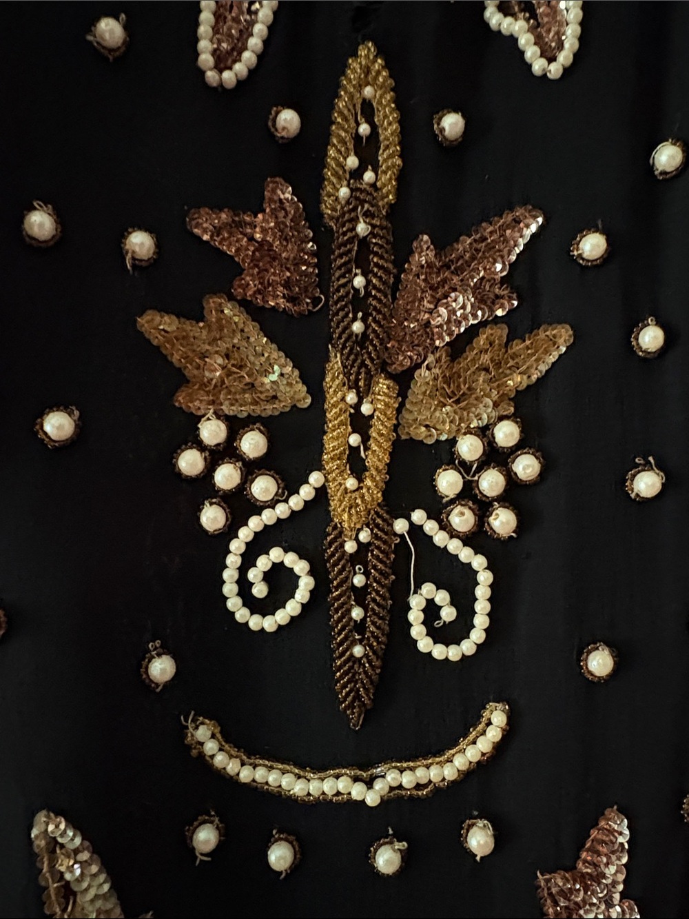 Vintage Black Mini Dress with Gold and Pearl Embellishment - Picture 5 of 12